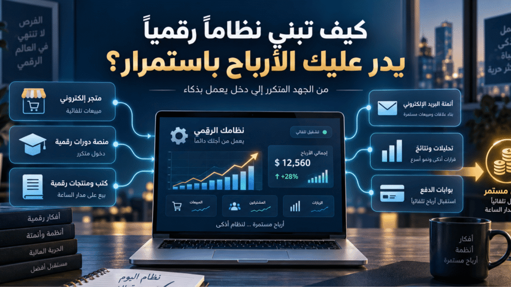 رسم توضيحي يوضح فكرة أتمتة الدخل وبناء الأصول الرقمية للمشاريع.